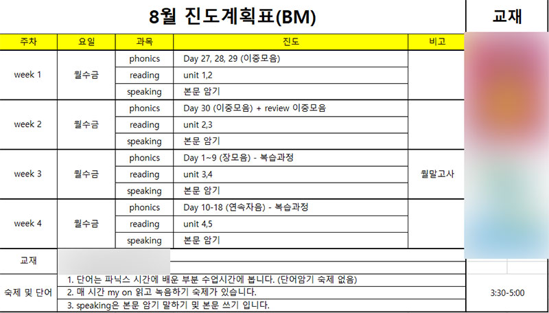삼선동 파닉스 영어학원 8월 커리큘럼 1